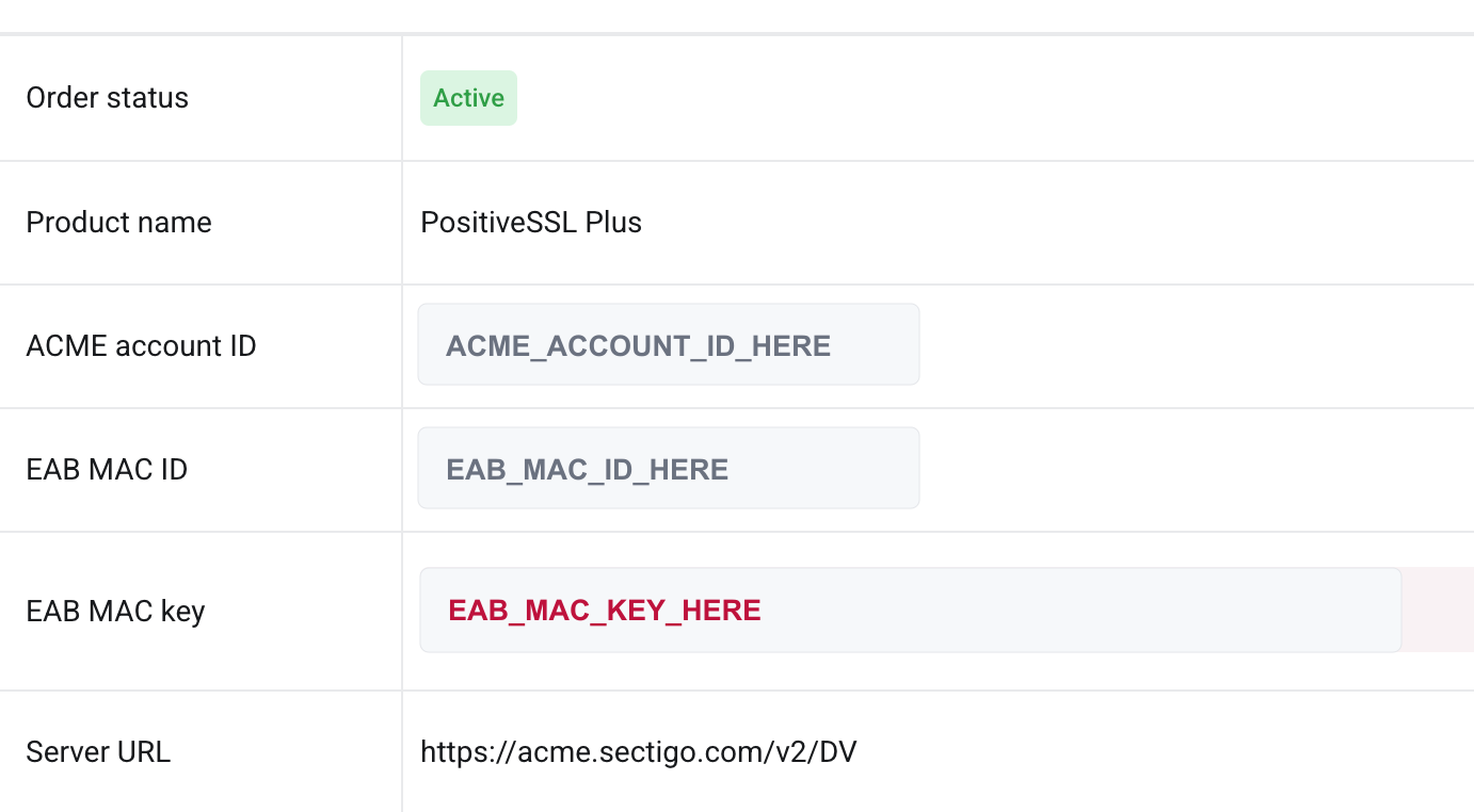 AutoSSL ACME details with sensitive values redacted
